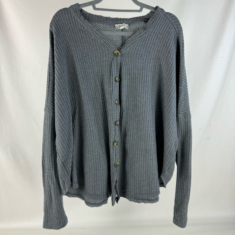 Umgee Waffle Knit Long Sleeve Button Down Medium Gray Thermal Size Large